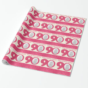 90th Birthday photo fun cream pink wrapping Paper
