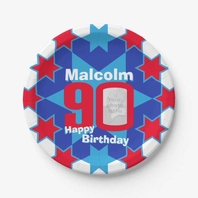 90th birthday photo name blue star paper plate (Front)