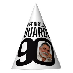 90th birthday photo personalised white black mono party hat