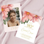 90th Birthday Photo Pink Elegant Floral Birthday Invitation<br><div class="desc">Gold Coloured and Pink is the background for this large floral  bouquet  90th  birthday invitation.
An elegant modern design that is easily altered to your own information. The photo is easily changed for your own image.
A modern elegant design  from Chessie's Fine Designs.</div>