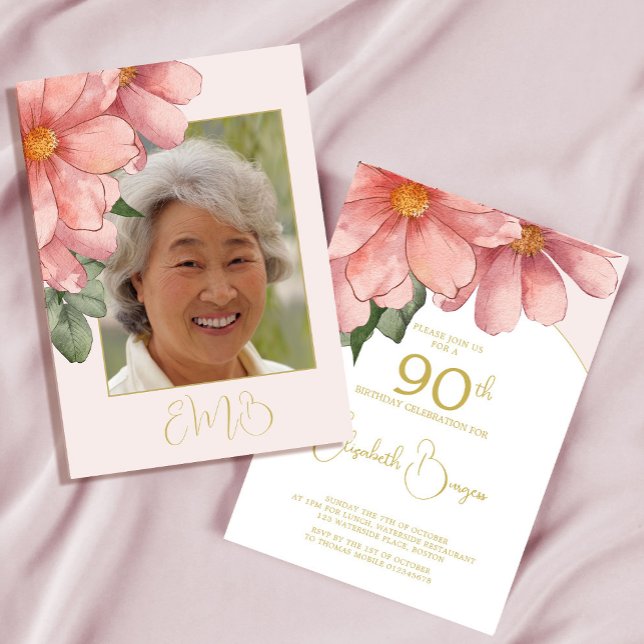 90th Birthday Photo Pink Floral Elegant Birthday Invitation (Creator Uploaded)