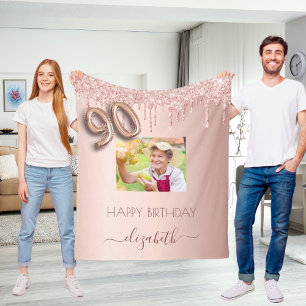90th birthday photo rose gold glitter blush pink fleece blanket