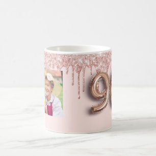 90th birthday photo rose gold glitter pink balloon coffee mug