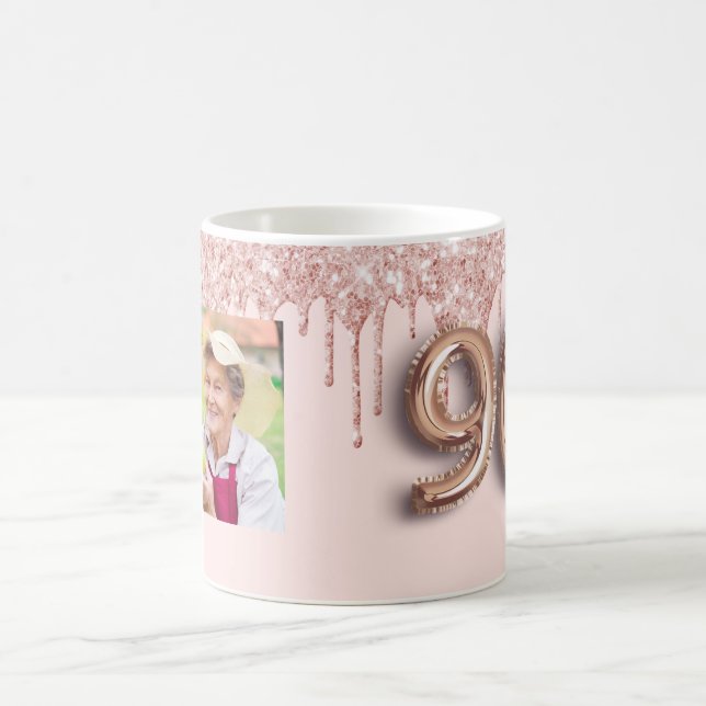 90th birthday photo rose gold glitter pink balloon coffee mug (Center)
