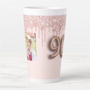90th birthday photo rose gold pink drips  latte mug
