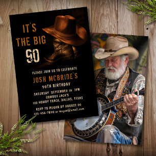 90th Birthday Photo Rustic Cowboy Hat Boots Invitation