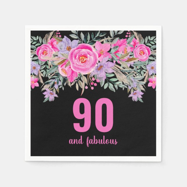 90th birthday pink black floral party napkins (Front)