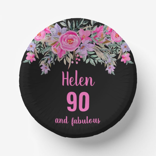 90th birthday pink black watercolor floral  paper plate (Front)