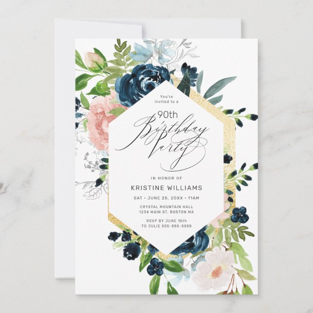 90th Birthday Pink Blue Rose Watercolor Floral  Invitation (Front)