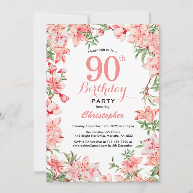 90th Birthday Pink Boho Botanical Floral Flowers Invitation (Front)