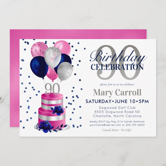 90th Birthday Pink Cake Invitation (Front/Back)