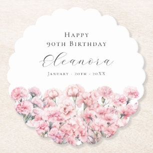 90th Birthday Pink Carnation January Birth Flower Paper Coaster