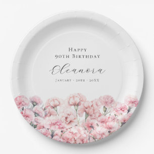 90th Birthday Pink Carnation January Birth Flower Paper Plate