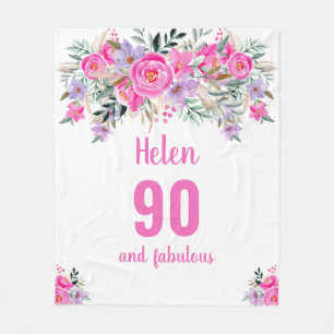 90th birthday pink floral  fleece blanket