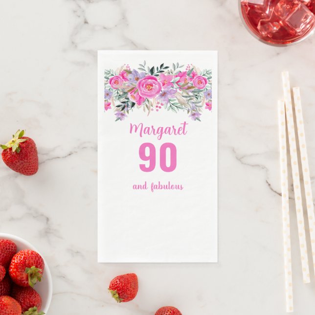 90th birthday pink floral party  napkin (Insitu)