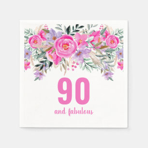 90th birthday pink floral party napkins