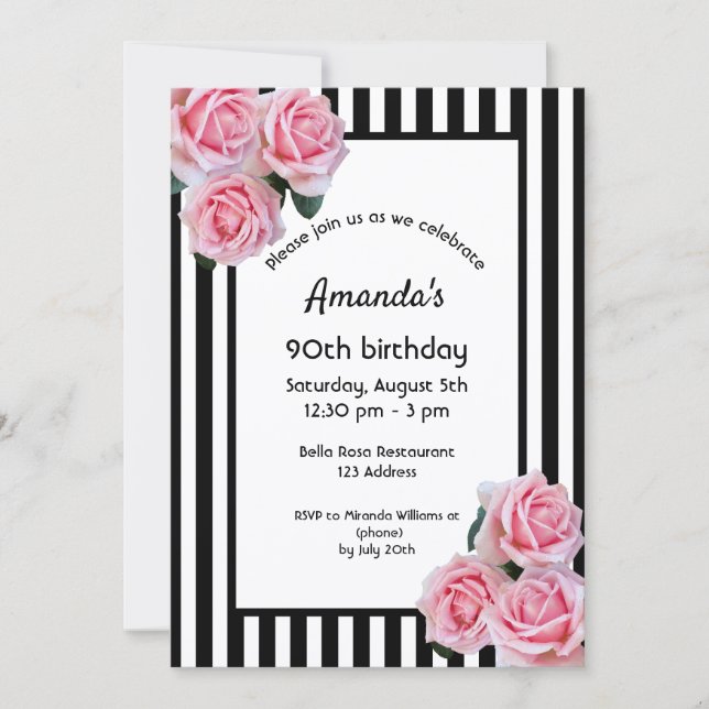 90th birthday pink florals black white stripes invitation (Front)
