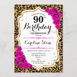 90th Birthday - Pink Gold Leopard Print Invitation