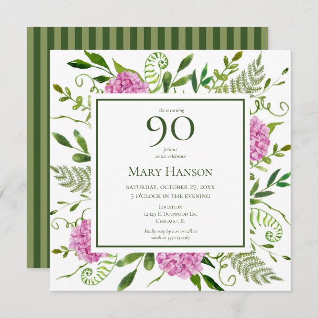 90th Birthday Pink Hydrangeas Invitation (Front/Back)