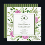 90th Birthday Pink Hydrangeas Invitation<br><div class="desc">This pink hydrangea 90th birthday brunch/party invitation is whimsical and stunning! With its watercolor multi-hued pink hydrangeas, wispy natural greenery, and coordinating green striped back it is perfect for celebrating your wife, mum, aunt, sister, friend, grandmother, great grandmother. By selecting Personalise this template and typing in your information you can...</div>