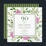 90th Birthday Pink Hydrangeas Invitation<br><div class="desc">This pink hydrangea 90th birthday brunch/party invitation is whimsical and stunning! With its watercolor multi-hued pink hydrangeas, wispy natural greenery, and coordinating green striped back it is perfect for celebrating your wife, mum, aunt, sister, friend, grandmother, great grandmother. By selecting Personalise this template and typing in your information you can...</div>