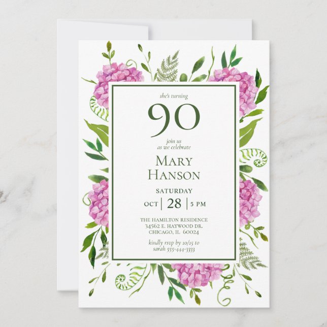 90th Birthday Pink Hydrangeas Invitation (Front)