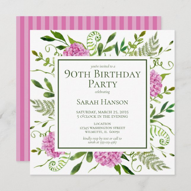 90th Birthday Pink Hydrangeas Invitation (Front/Back)