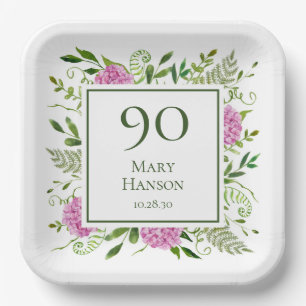 90th Birthday Pink Hydrangeas Paper Plate