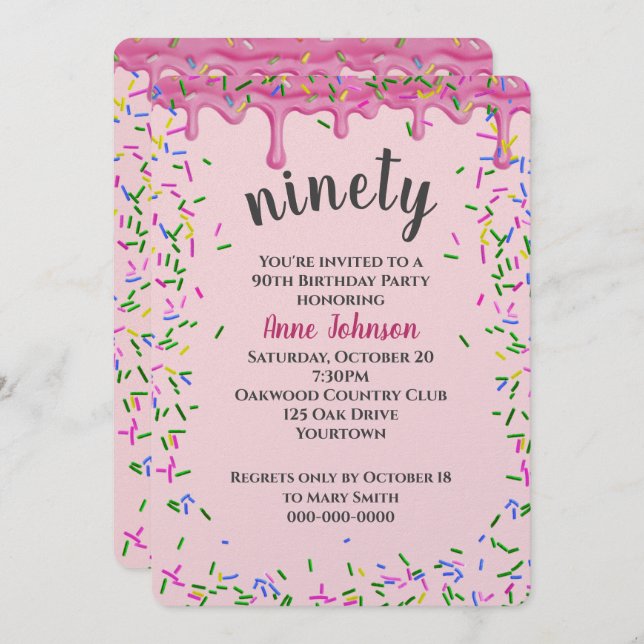 90th Birthday Pink Icing And Sprinkles Invitation (Front/Back)
