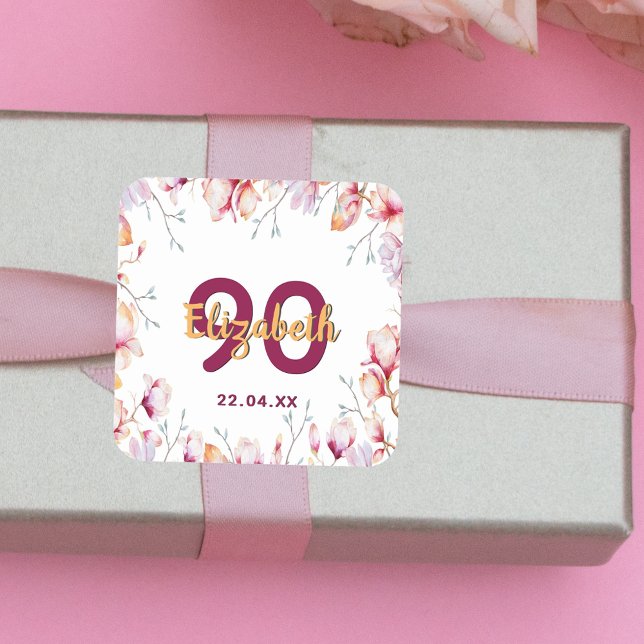 90th birthday pink magnolia flower frame on white square sticker (Creator Uploaded)
