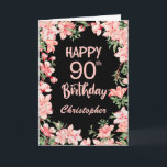 90th Birthday Pink Peach Watercolor Floral Black Card<br><div class="desc">90th Birthday Pink Peach Watercolor Floral Black Birthday Card. For further customisation,  please click the "Customise it" button and use our design tool to modify this template.</div>