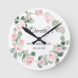 90th Birthday Pink Rose Floral Eucalyptus Wreath Round Clock