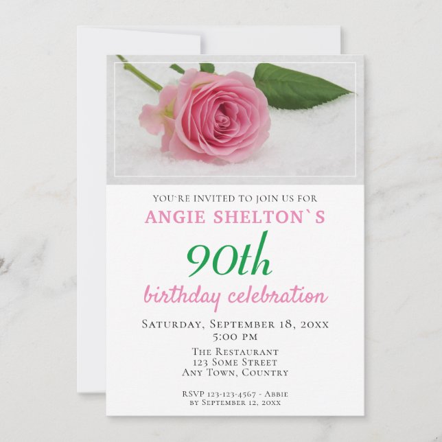 90th Birthday Pink Rose Flower Party Invitation (Front)