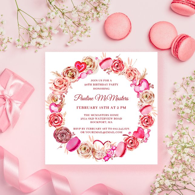 90th Birthday Pink Rose Swirly Heart Valentine Invitation (Creator Uploaded)