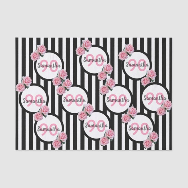 90th birthday pink roses black white stripes tissue paper (Front)