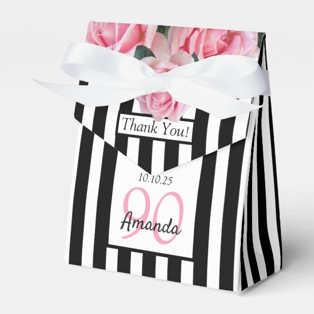 90th birthday pink roses on black white stripes favour box (Front Side)