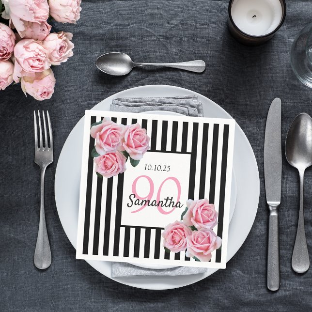 90th birthday pink roses on black white stripes napkin (Creator Uploaded)