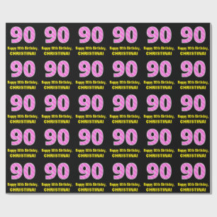 90th Birthday: Pink Stripes and Hearts "90" + Name Wrapping Paper