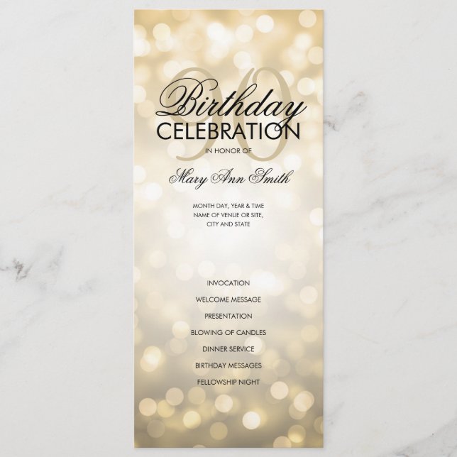 90th Birthday Program Lights Gold Menu (Front)