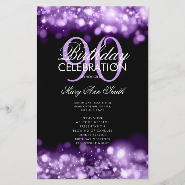 90th Birthday Program Lights Purple Menu (Front)