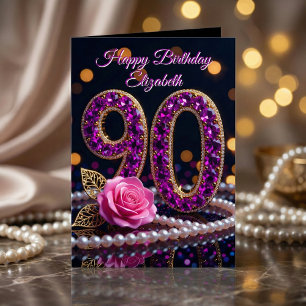 90th Birthday Purple Amethyst Jewels Pink Rose Card