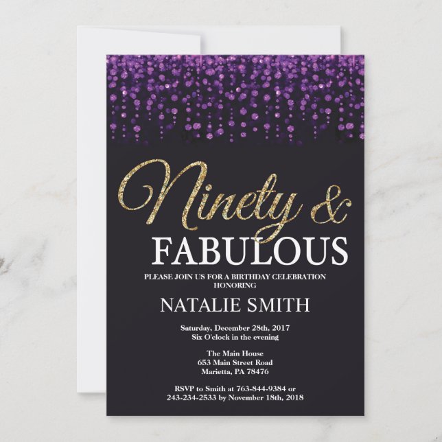 90th Birthday Purple and Gold Glitter Invitation (Front)