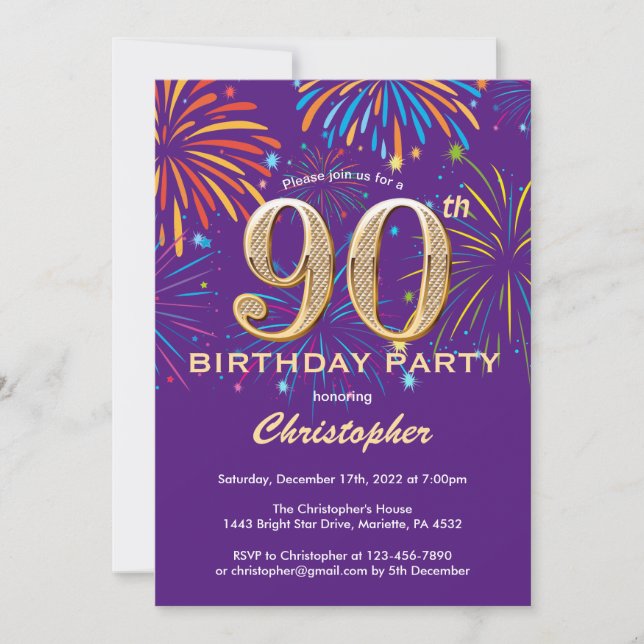 90th Birthday Purple and Gold Rainbow Fireworks Invitation (Front)