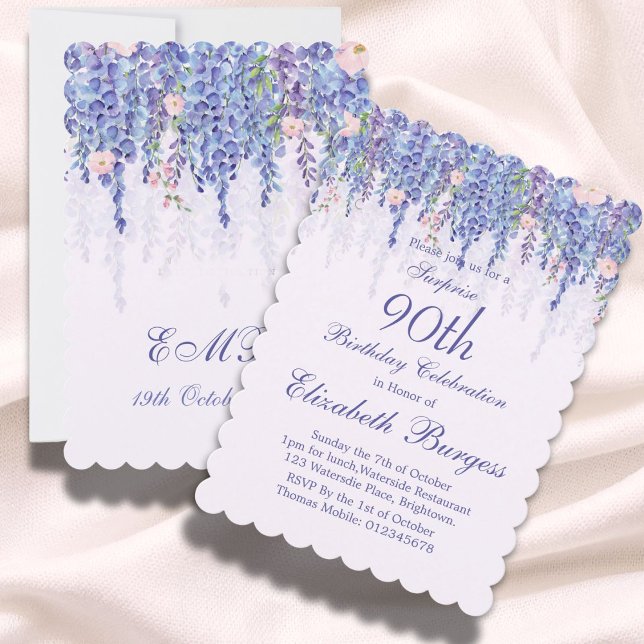90th Birthday Purple Floral Wisteria Monogram Invitation (Creator Uploaded)