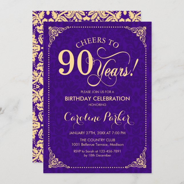 90th Birthday - Purple Gold Damask Invitation (Front/Back)