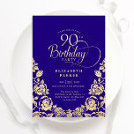 90th Birthday Purple Gold Roses Invitation<br><div class="desc">Purple gold elegant 90th birthday party invitation. Classy design featuring roses,  faux gold foil and typography script font. Trendy invite card perfect for a stylish female bday celebration. Personalise with your own details. Can be customised to any age. Printed Zazzle invitations or instant download digital printable template.</div>
