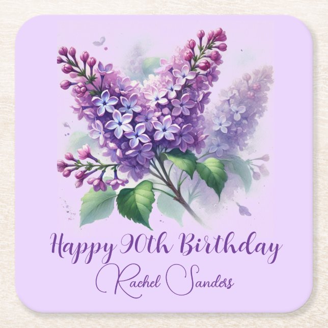 90th Birthday Purple Lilac Flowers Spring Square Paper Coaster (Front)