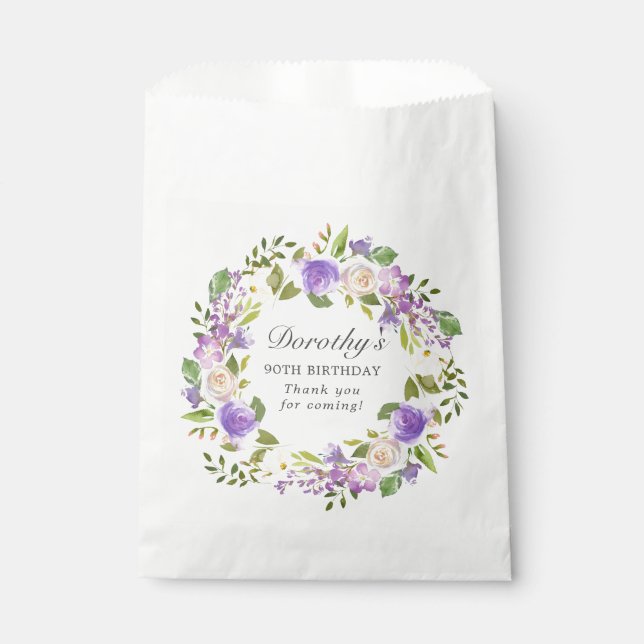 90th Birthday Purple Rose Floral Eucalyptus Wreath Favour Bag (Front)