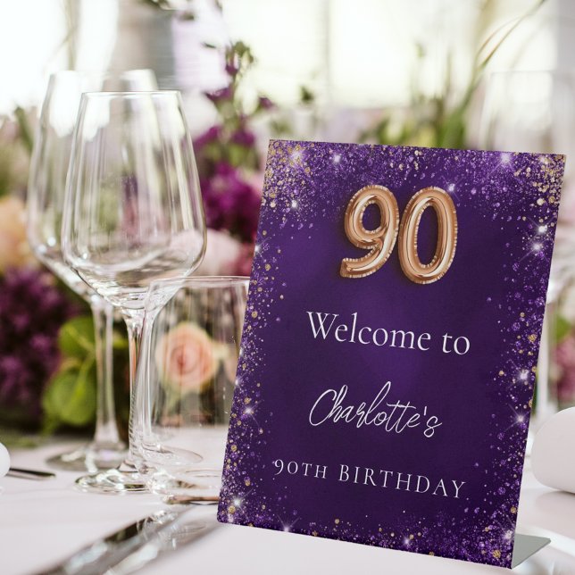 90th birthday purple sparkles welcome pedestal sign (Creator Uploaded)
