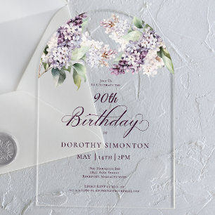 90th Birthday Purple Spring Lilac Flower Arch Acrylic Invitations
